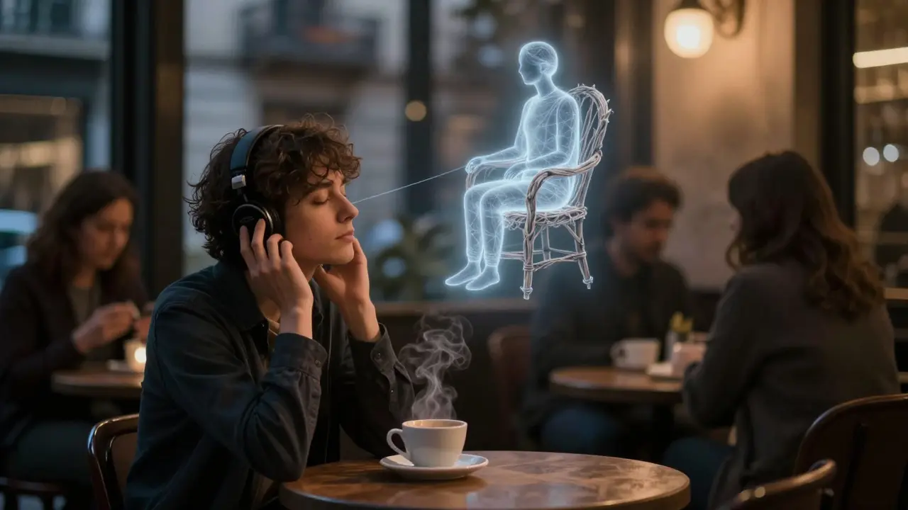 Osoba v kavárně v Barceloně naslouchá online terapii ve třídní atmosféře.