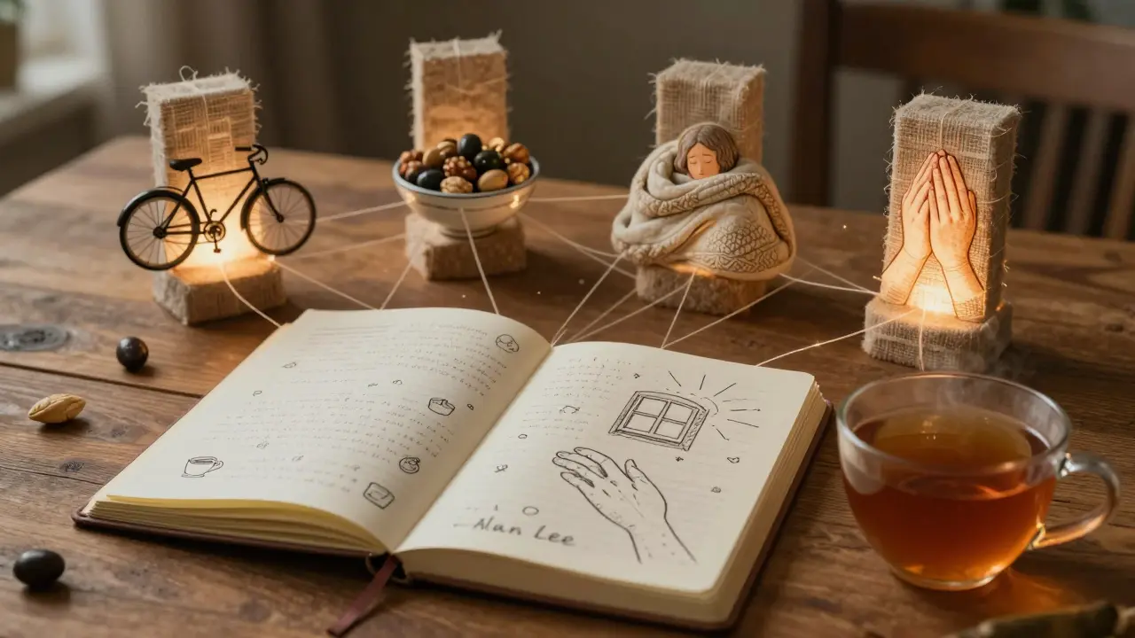 Otevřený deník s malými kresbami každodenních úspěchů, kolem něj čtyři svítící pilíře zdravého životního stylu.