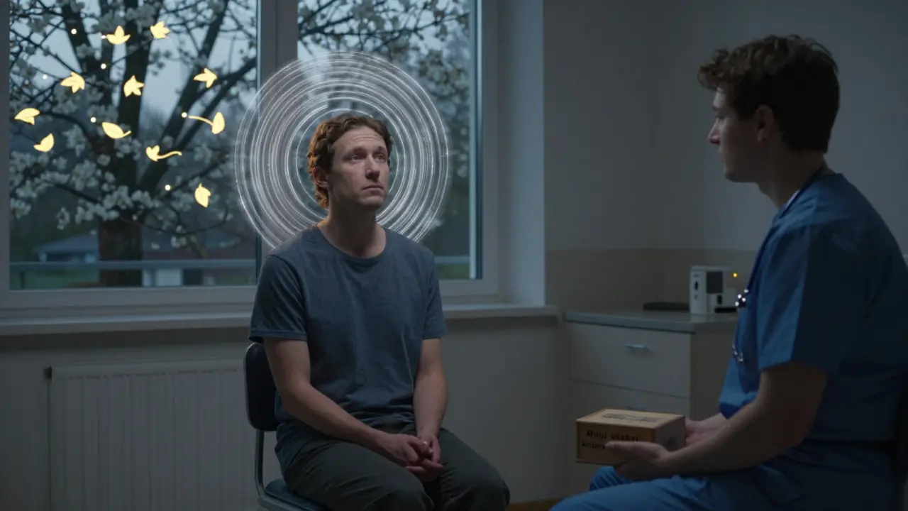 Pacient pod magnetickým polem v klidné místnosti, vedle něj krabička s krizovým plánem, za oknem strom s listy tvaru dechu.