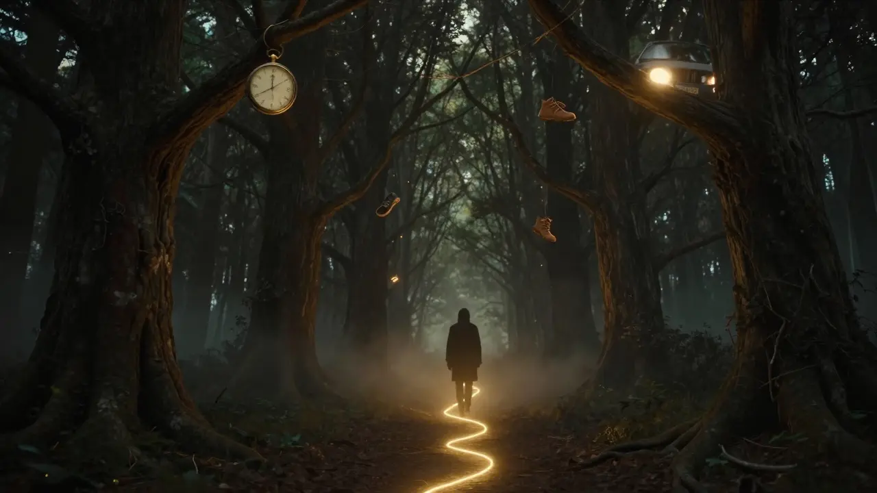 Postava jde lesní cestou, kde vzpomínky jsou zakresleny jako větve s objekty, vedená zlatým vláknem.