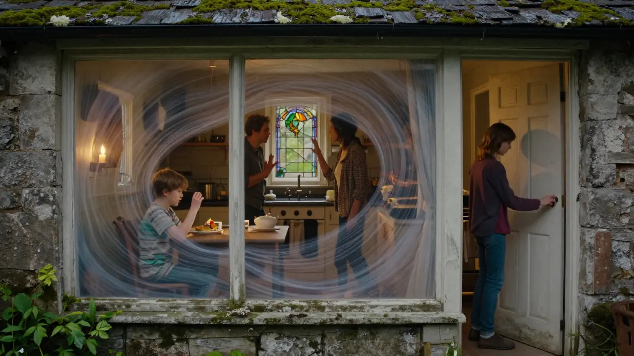 Přehled rodinného domu s průhlednými stěnami, kde se ukazují skryté scény vztahů a vzpomínek.