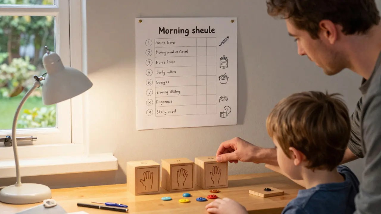 Rodič a dítě používají vizuální systém s třemi krabičkami doma v klidném prostředí.