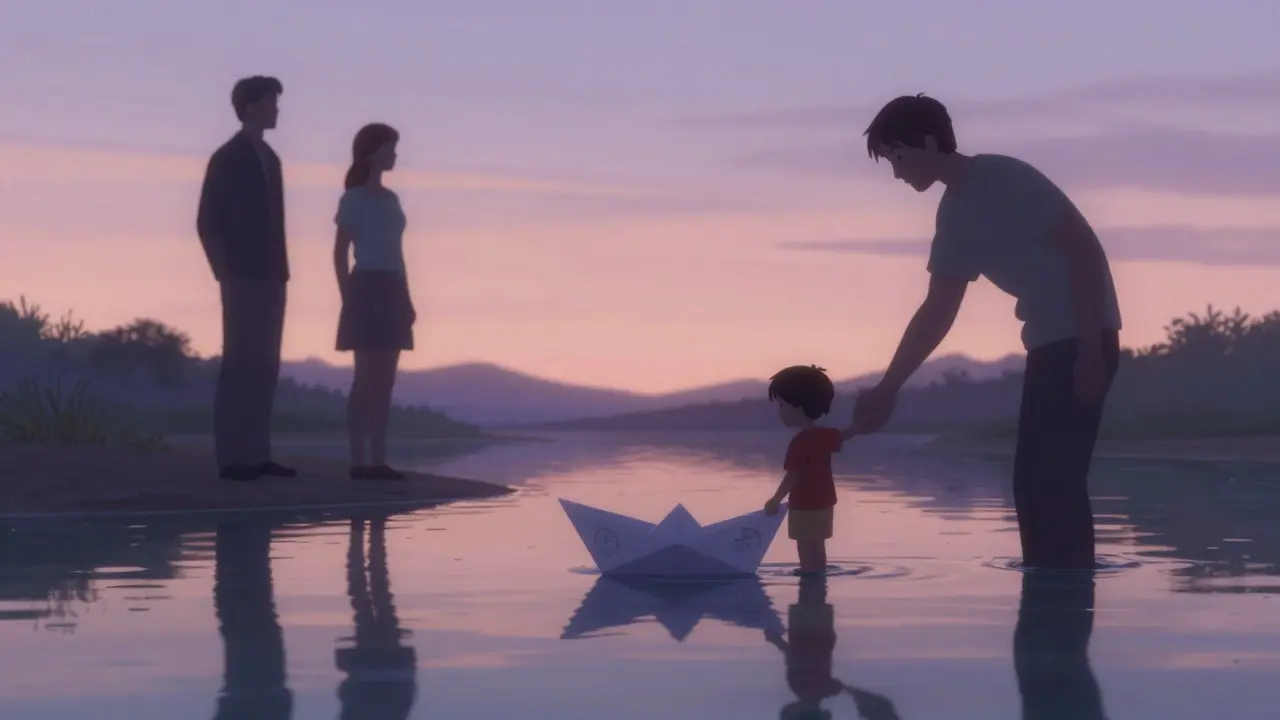Rodič dá dítěti papírovou loďku na řece, dva dospělí stojí na březích, sledují dítě v klidném světle.