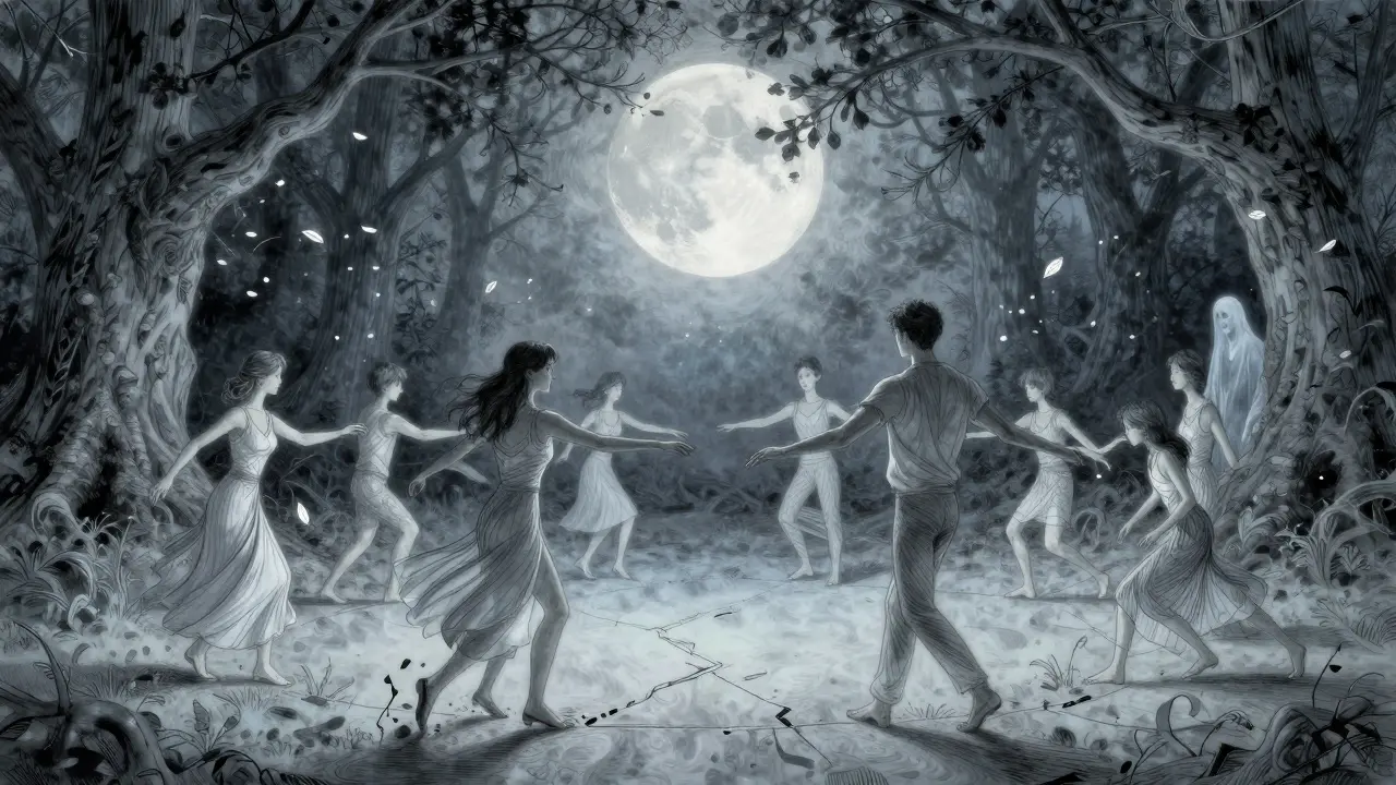 Rodina jako taneční kruh v lese, každý se pohybuje v opakujícím se vzoru, duch starého příběhu pozoruje.