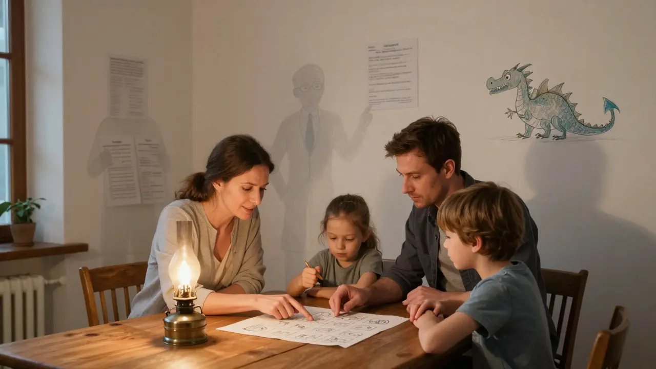 Rodina u stolu s vizuálním plánem, dítě a sourozenci v klidném domácím prostředí.