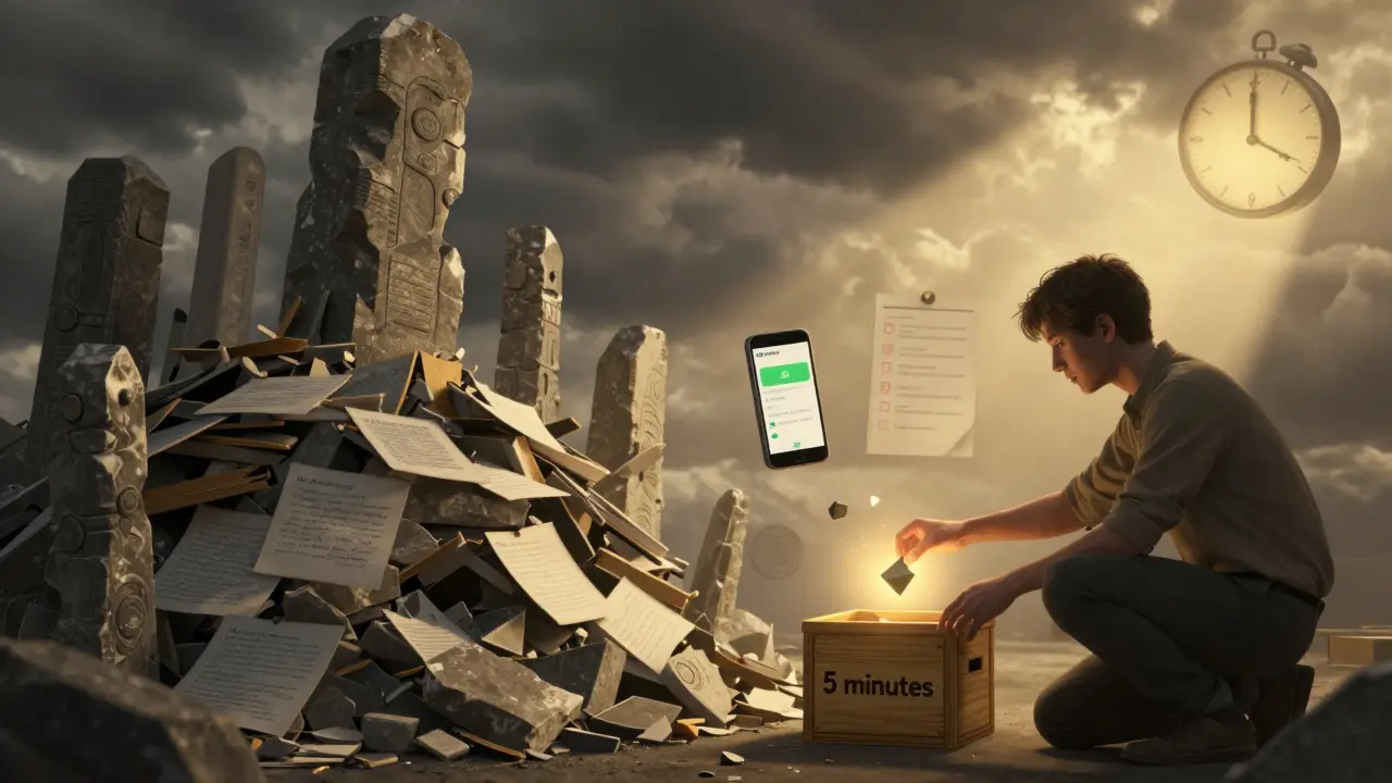 Rozdělená scéna: ohromující hromada úkolů na jedné straně, malý, zářící úkol v krabici na druhé.