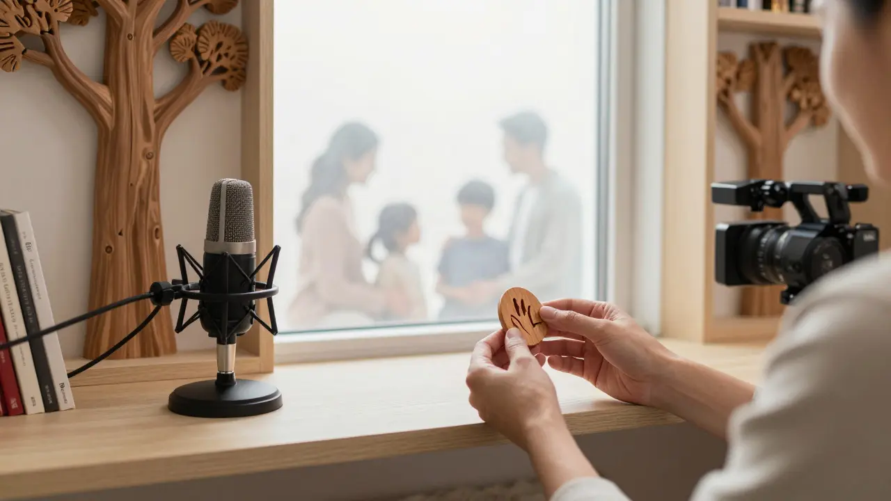 Ruce terapeuty klade dřevěný token vedle mikrofonu, pozadí je prázdné, stěny připomínají lesní panely, žádné osobní předměty.