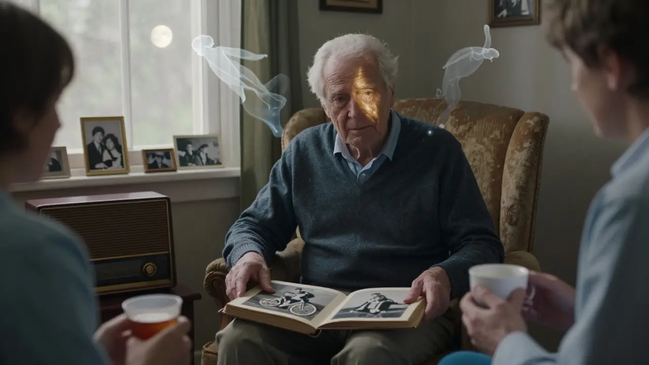 Senior hledí na fotografie v knize při měsíčním světle, terapeut v pozadí.