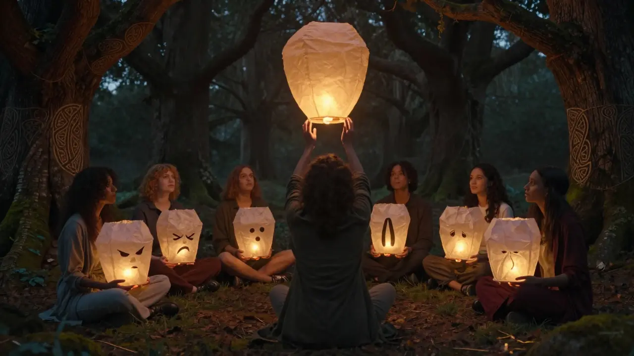 Skupina lidí v kruhu u stromů, uvolňující lucerny s emocemi.