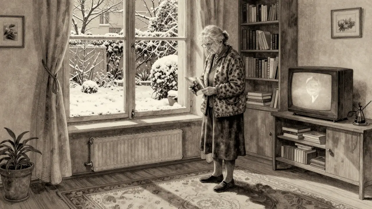 Stará žena drží fotografii manžela u okna, za ní sněží zahrada, v místnosti ticho a vzpomínky.