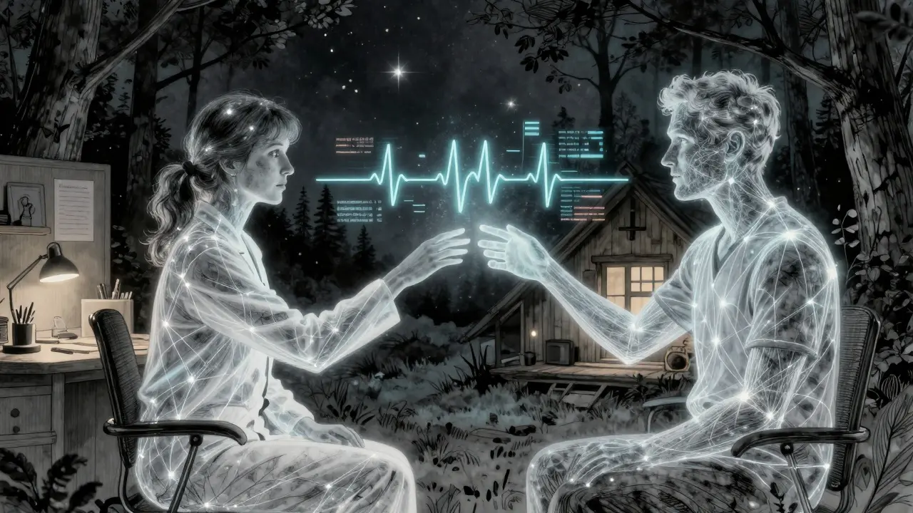 Terapeut a klient jsou spojeni světelnými vlákny přes krajinu, symbolizující vzdálenou terapii.