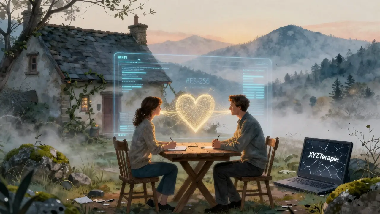 Terapeut a klient sedí u stolu, jejich spojení znázorněno zlatými nitkami, za nimi zničený obrazovka.