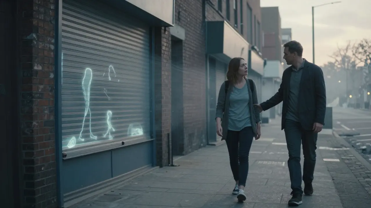 Terapeut a pacient jdou ulicí, kde se objevují průhledné stopy dřívějšího traumatu.