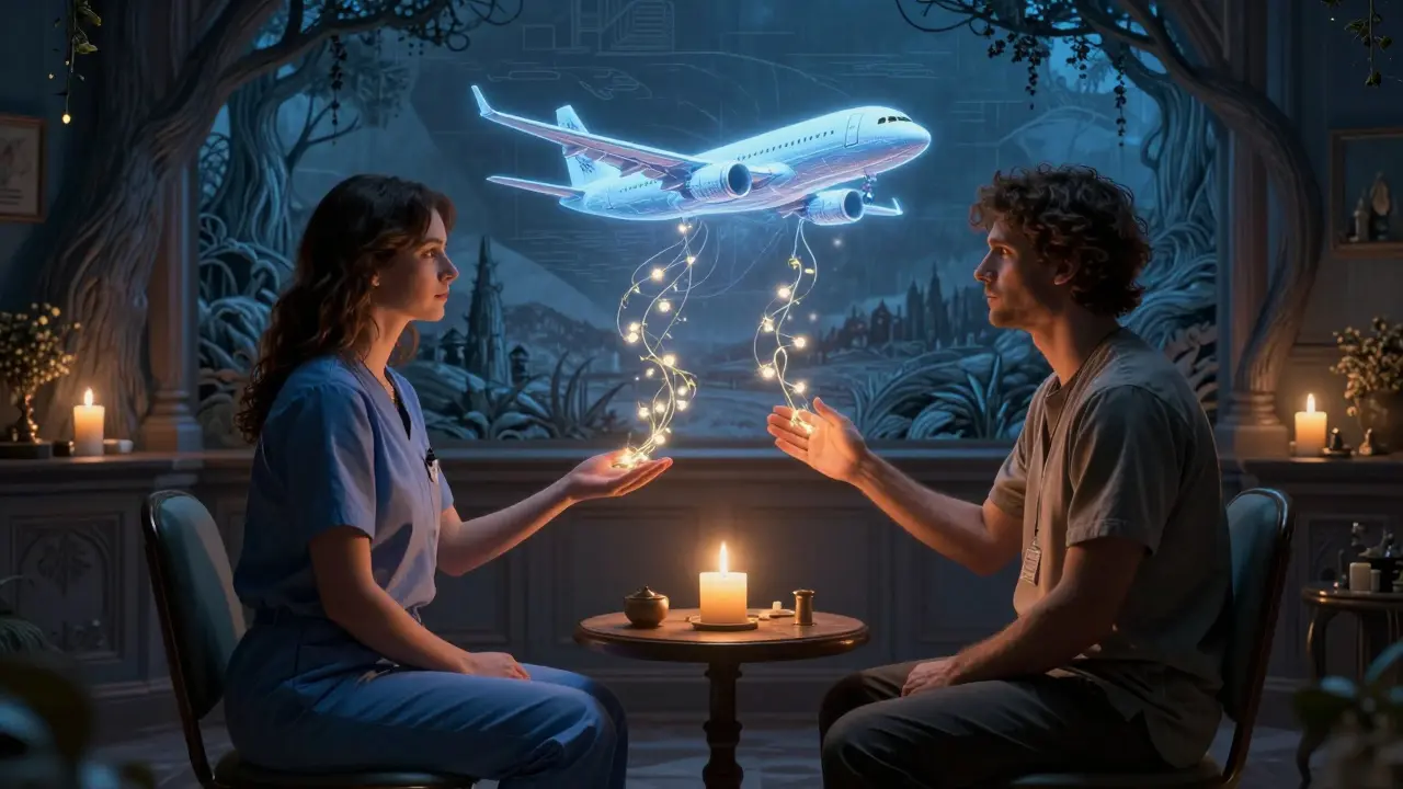 Terapeut a pacient spolu sedí, mezi nimi se vznáší holografické letadlo.