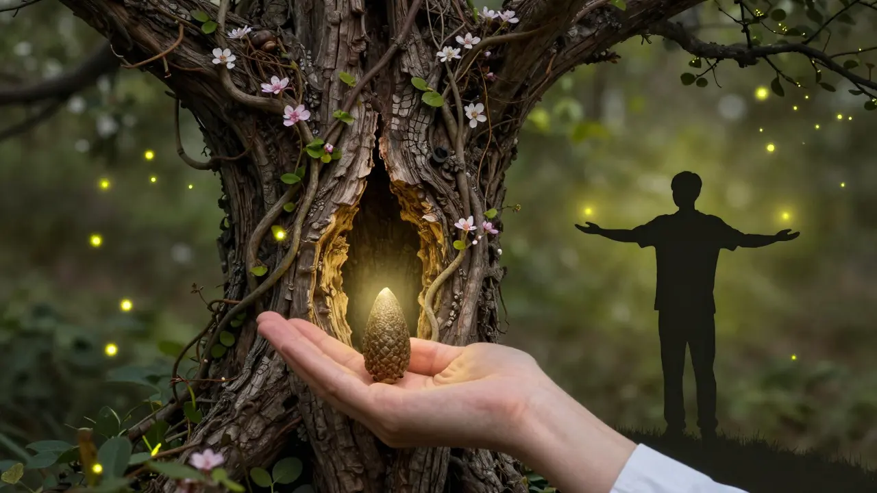 Terapeut sází zářící semínko do prázdného stromu, který začíná kvést, kolem letí větříky.