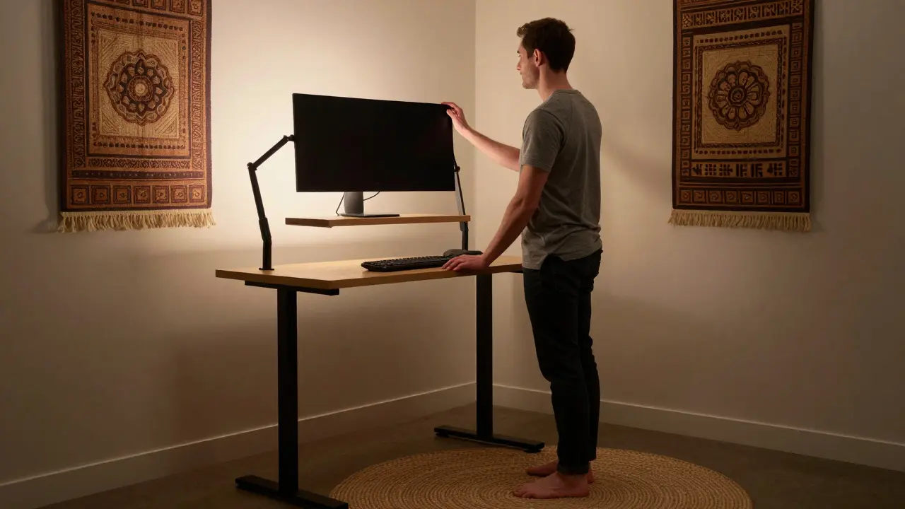 Terapeut stojí u pravidelného stolu, klávesnice pod úrovní stolu, akustické panely na stěnách, měkké osvětlení.