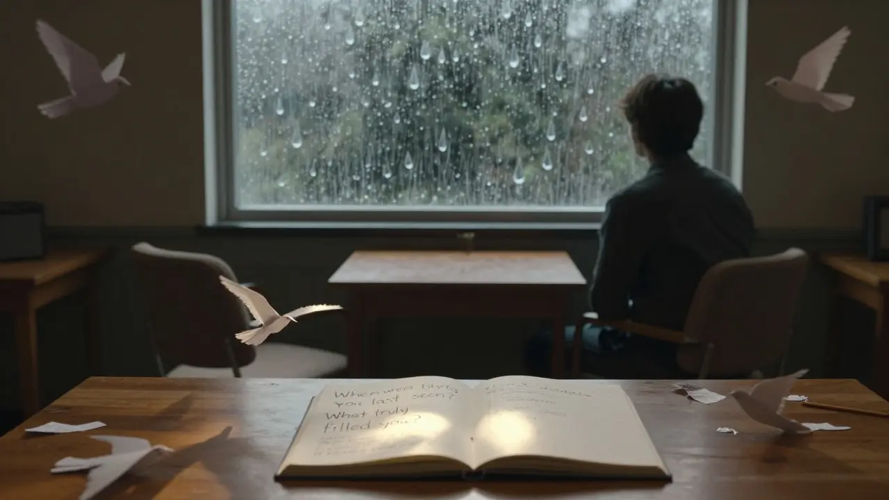 Terapeutická místnost s prázdným židlí, člověk hledí z okna, deště jako slzy, otevřený deník na stole.