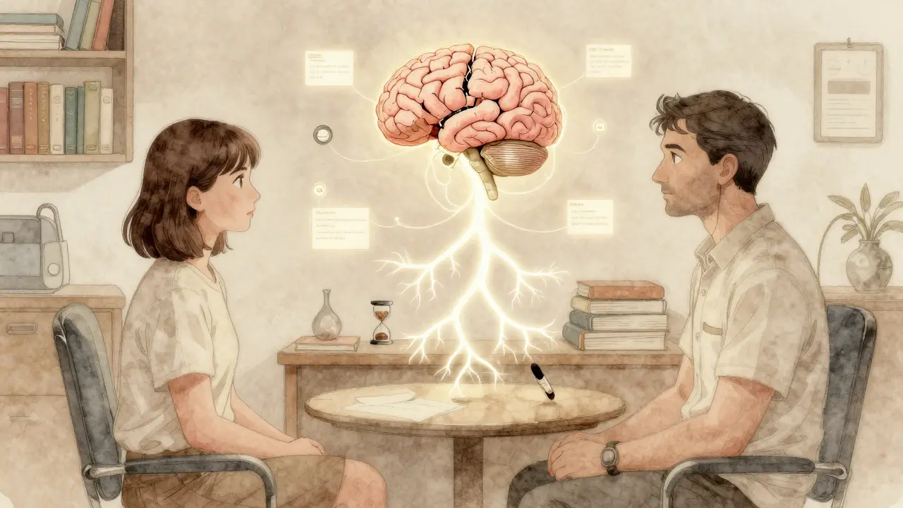 Terapeutická schůzka s viditelnými, zářícími neuronovými spoji spojujícími rozbitý mozek s klidnou myslí.