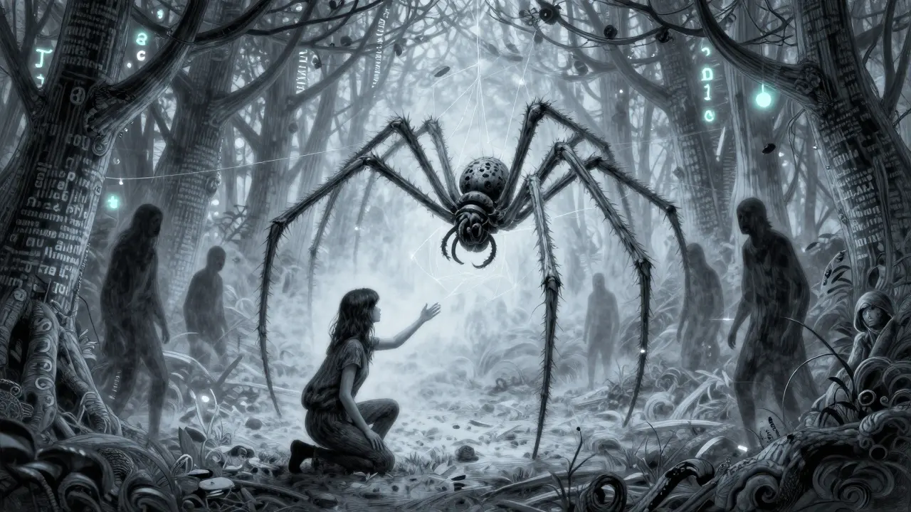 Žena se dotýká světelného pavouka v lese, kolem ní stojí lidé zastavení ve strachu.