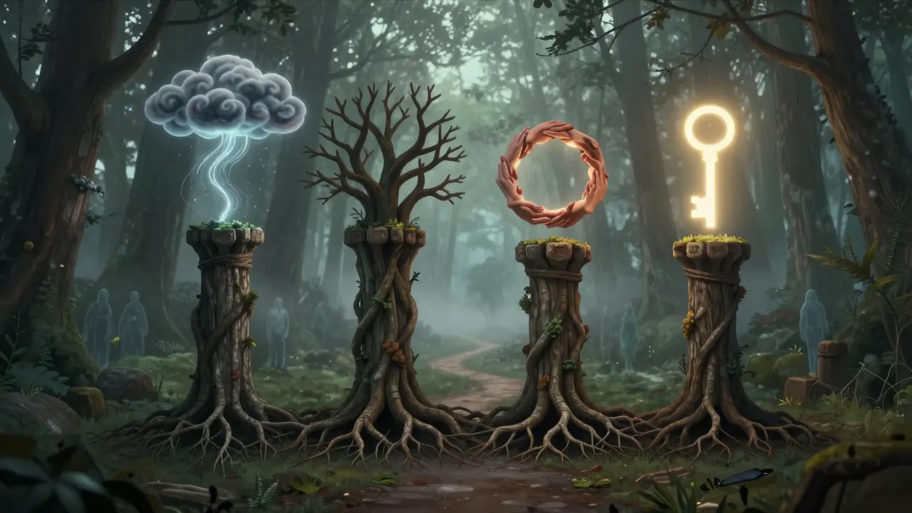 Čtyři symbolické pilíře spojené s kořeny stromu, vyjadřující aktuální problém, rodinnou historii, sociální podporu a hodnoty.