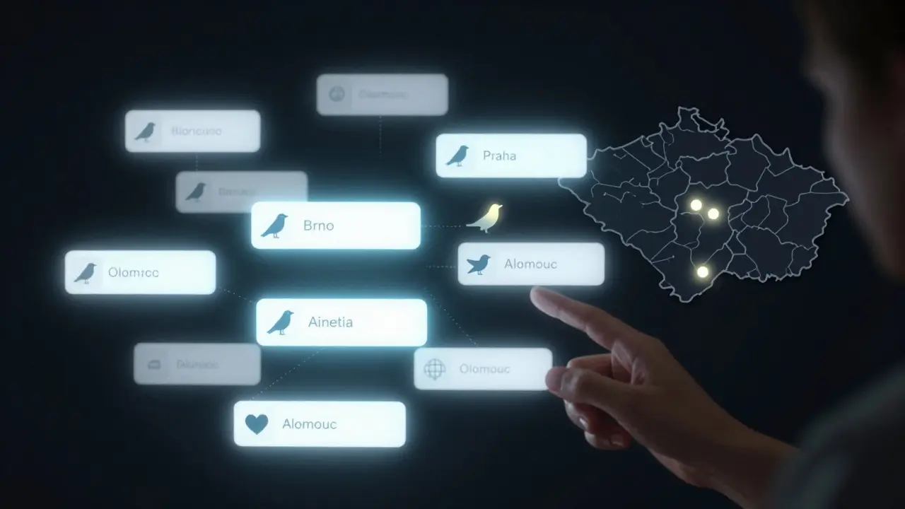 Digitální připomínky ve tvaru ptáků vedou člověka skrze den, zatímco mapa Česka ukazuje jen tři centra podpory.