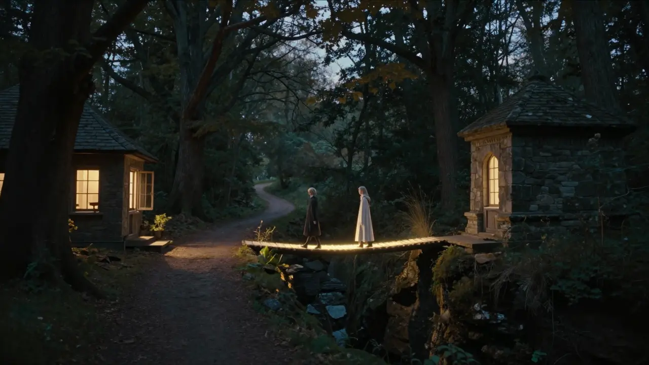 Dva postavy jdou po lesní cestě, spojené křehkým mostem světla, zatímco iluze přátelství mizí v temnotách.