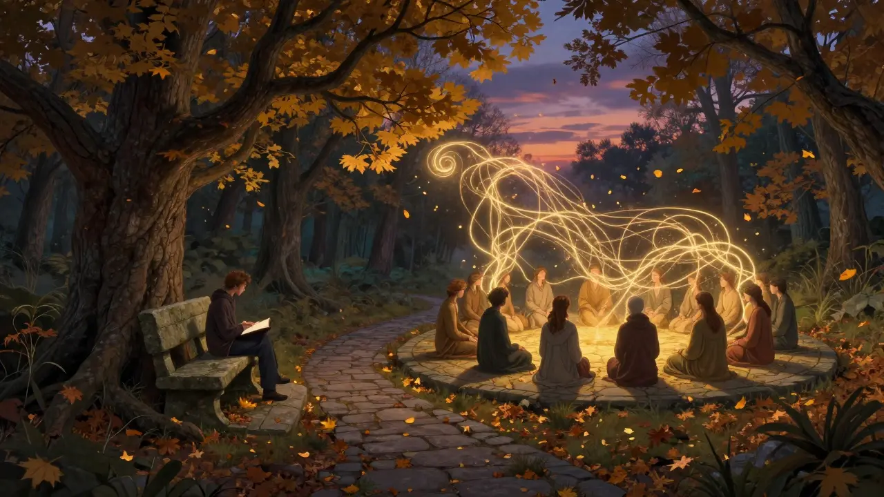 Dvě cesty v lese symbolizují individuální a skupinovou terapii — jedna vede k samotě, druhá ke sdílení.