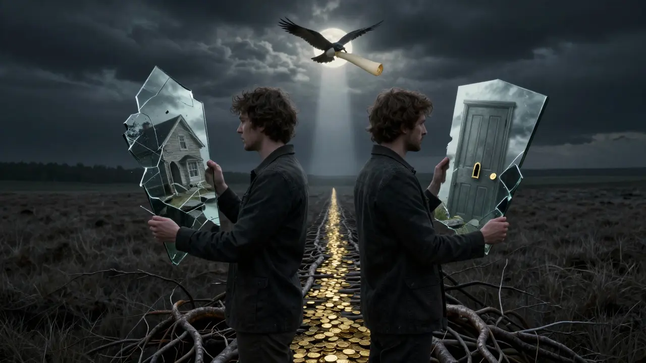 Dvojice stojí na kraji propasti, mezi nimi most z mincí a kořenů, osvětlený měsíčním světlem.