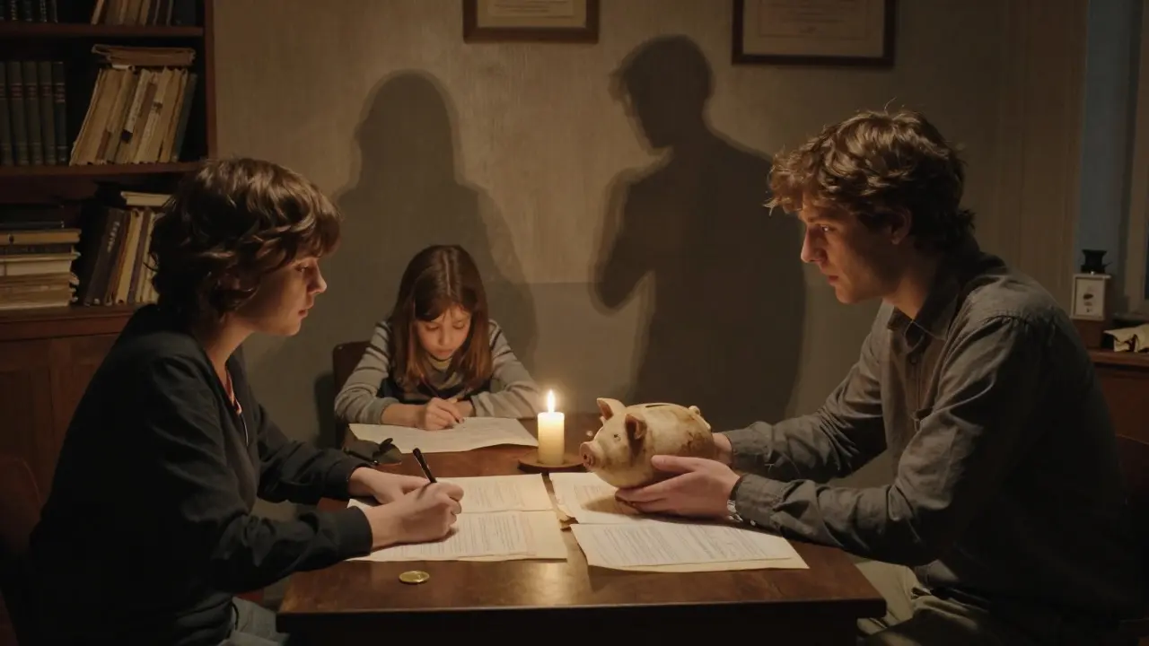 Dvojice v terapeutické místnosti s listy a symbolickými předměty, které vyjadřují finanční zkušenosti z dětství.