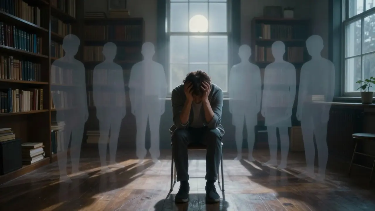 Jedna osoba sedí sama v terapii, zatímco za ní se vynořují stíny skupiny, symbolizující neviditelný vliv skupinové terapie.