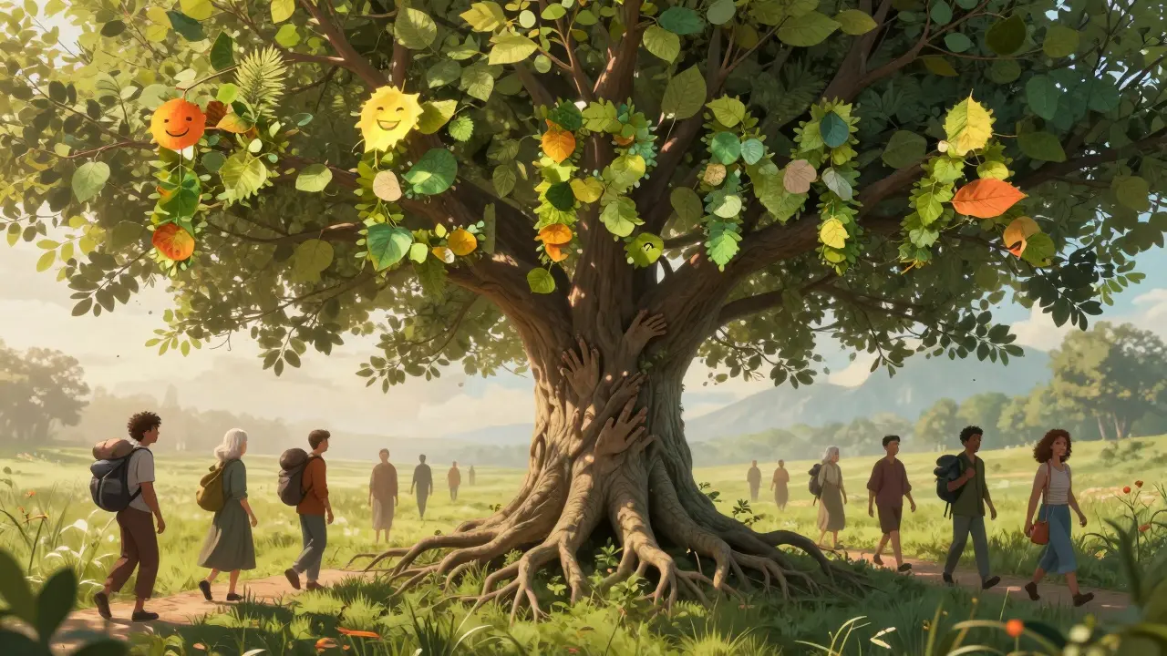 Kouzelný strom s kořeny jako lidské ruce a větvemi tvaru PERMA, kolem něj lidé různých věků.