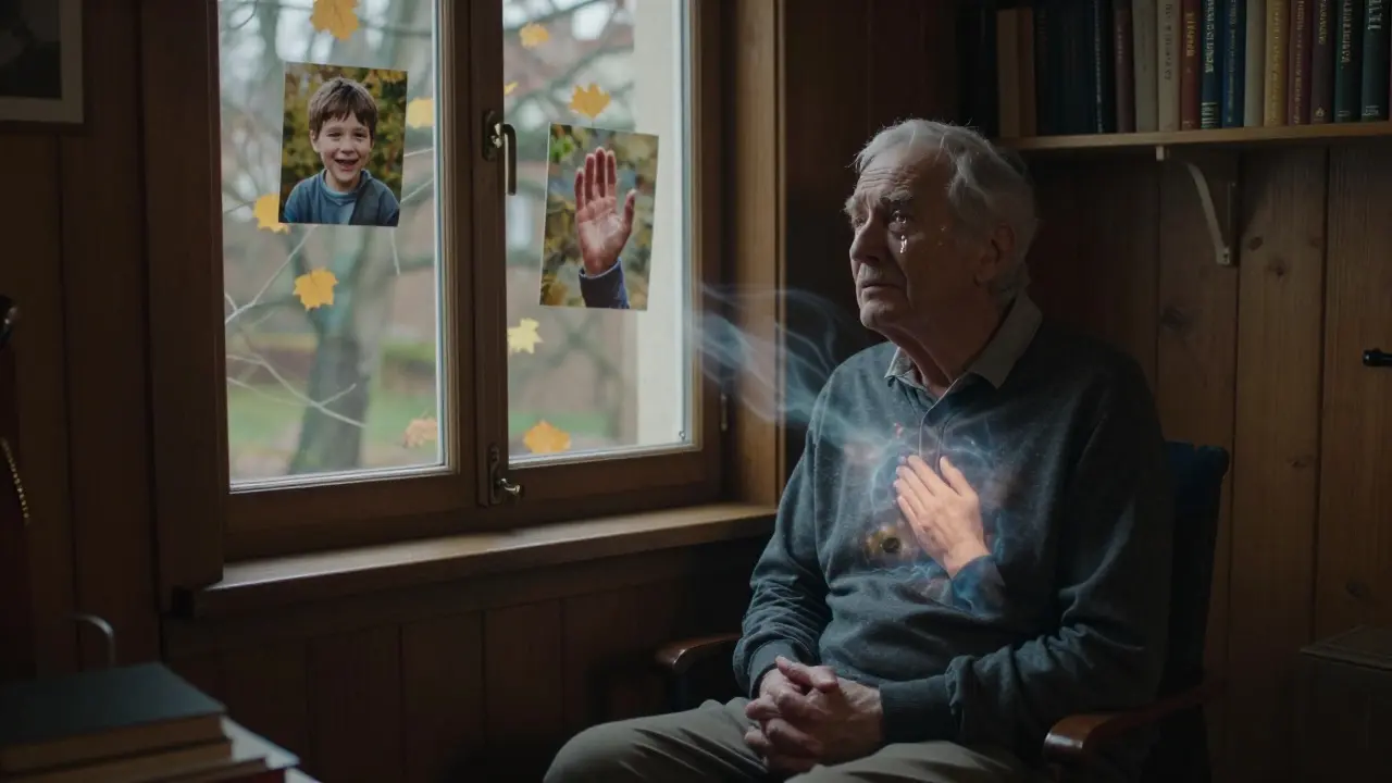 Muž v terapeutické místnosti září zevnitř, když si vzpomíná na lásku, tvorbu a tichou podporu.