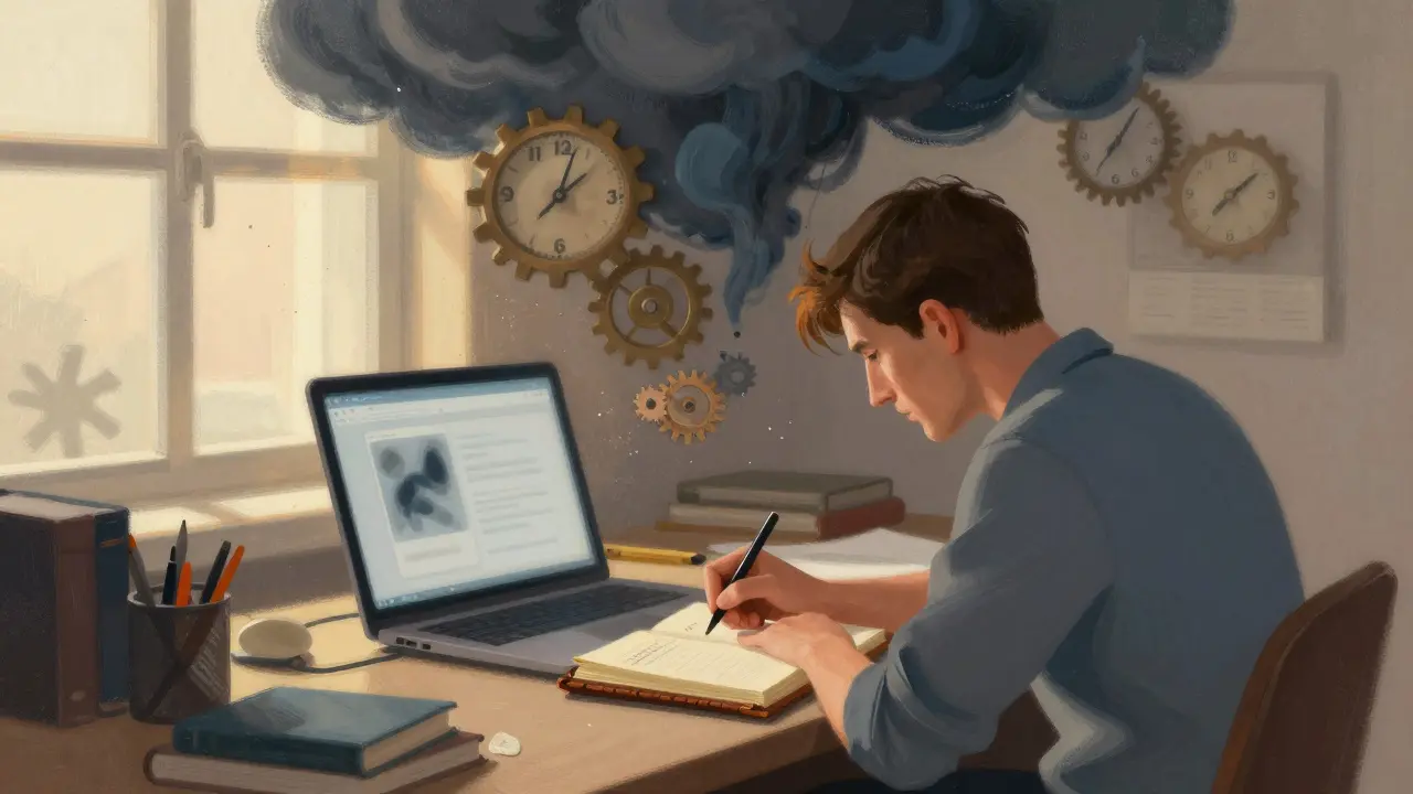 Muž zapisuje do deníku, myšlenky jako bouře a hodiny, stůl s notebookem