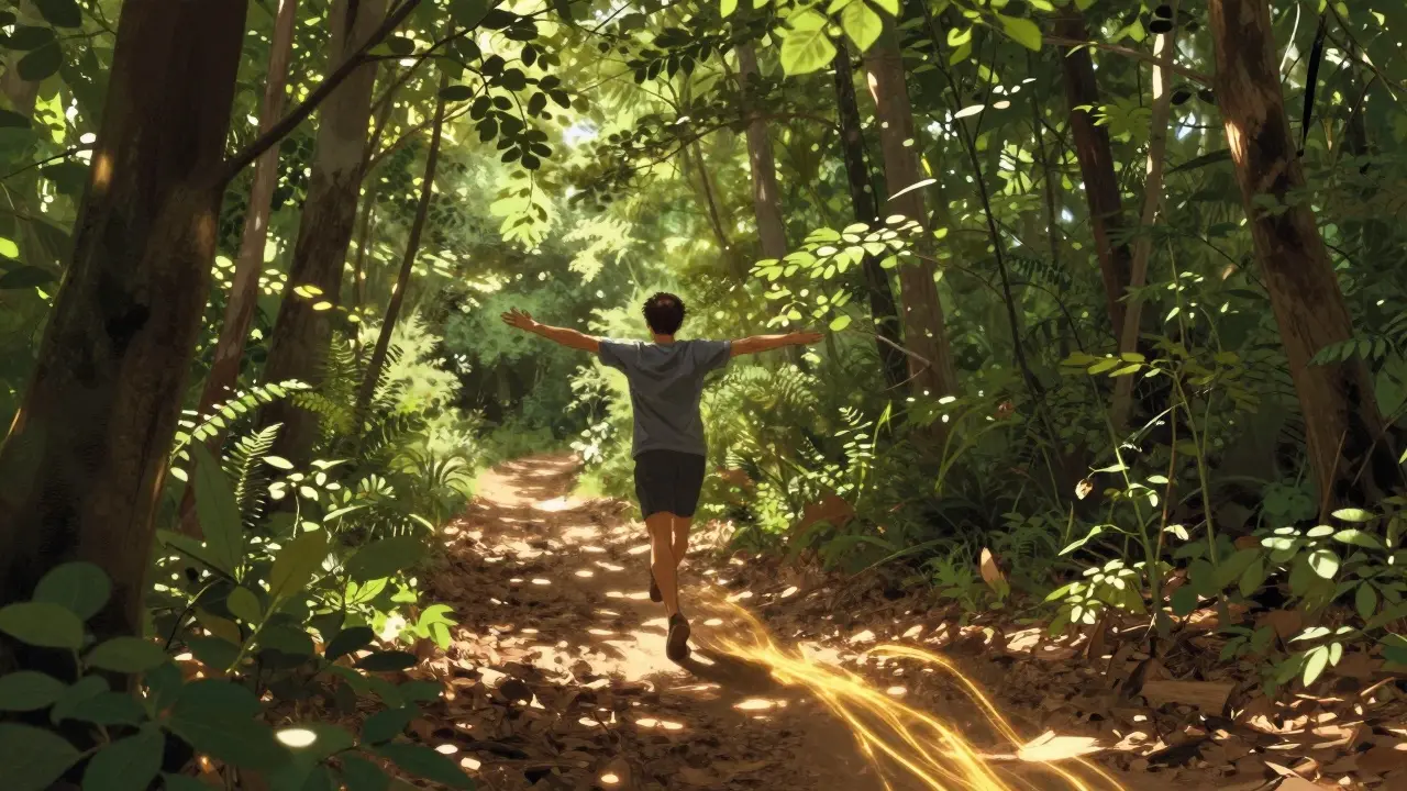 Osoba běží v parku, zářící stopa, sluneční světlo mezi stromy