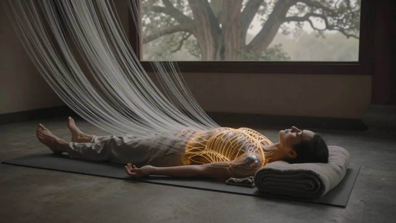 Osoba leží na podložce, podporovaná plátny, jemné vlákna představují pojivovou tkáň, tělo se uvolňuje pod vlivem gravitace.