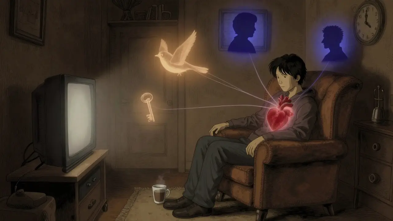 Osoba sedí večer v křesle, kolem ní plavou abstraktní symboly jejích spouštěčů — čas, zvuk, emoce.