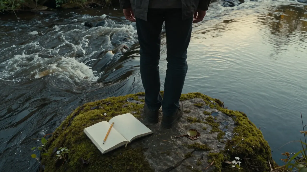 Osoba stojí u řeky s turbulentním a klidným proudem, otevřený deník na kameni.