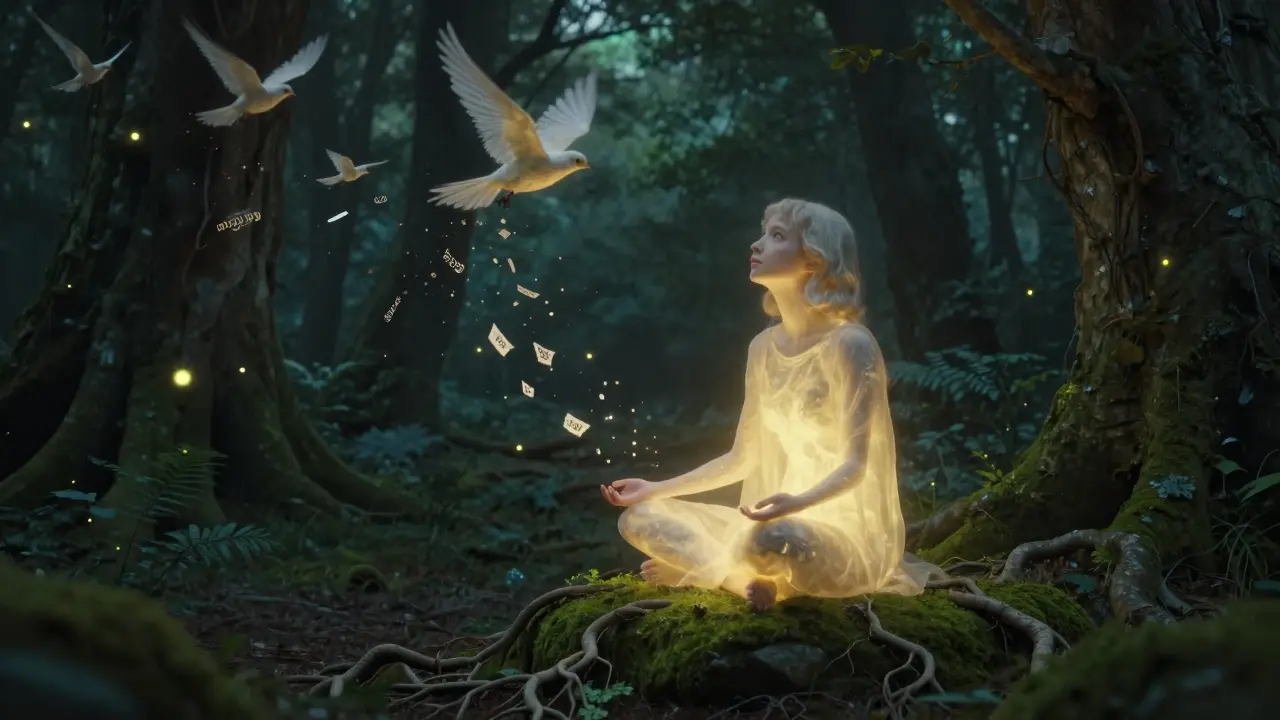 Osoba v lesní krajině při západu slunce, z jejího těla vyrůstá zlaté světlo, zatímco slova hanby mizí jako světlušky.