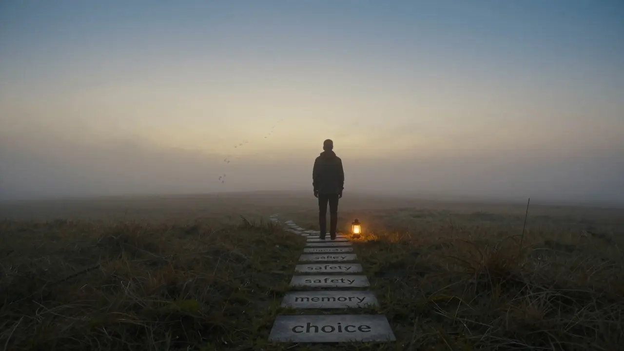 Postava stojí na kraji mlhavé krajiny, před ní svítí lampa na cestě s kameny, na nichž jsou slova bezpečí a volba.