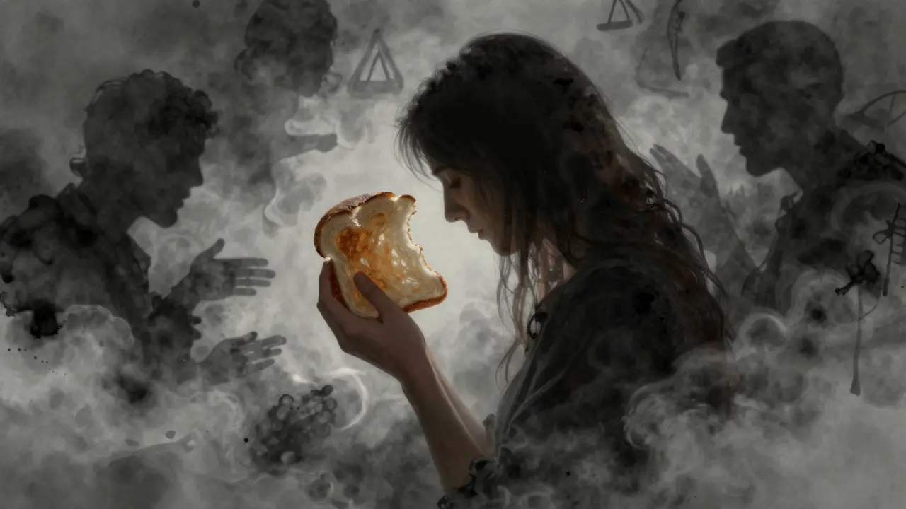 Ruka drží polovinu chleba, kolem ní se vznášejí stíny kritiky, teplé odstíny proti studeným tónům.