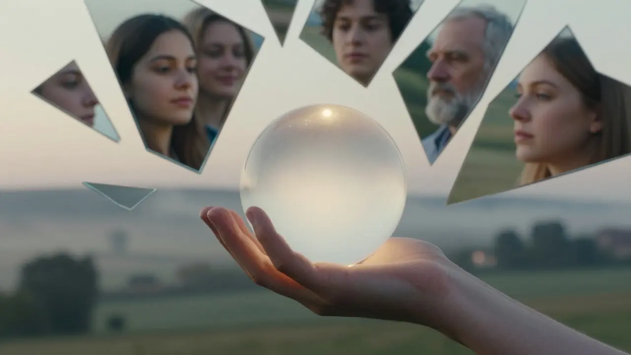 Ruka se dotýká jemné koule světla, za ní září odrazům klidných tváří, příroda v pozadí připomíná český kraj.