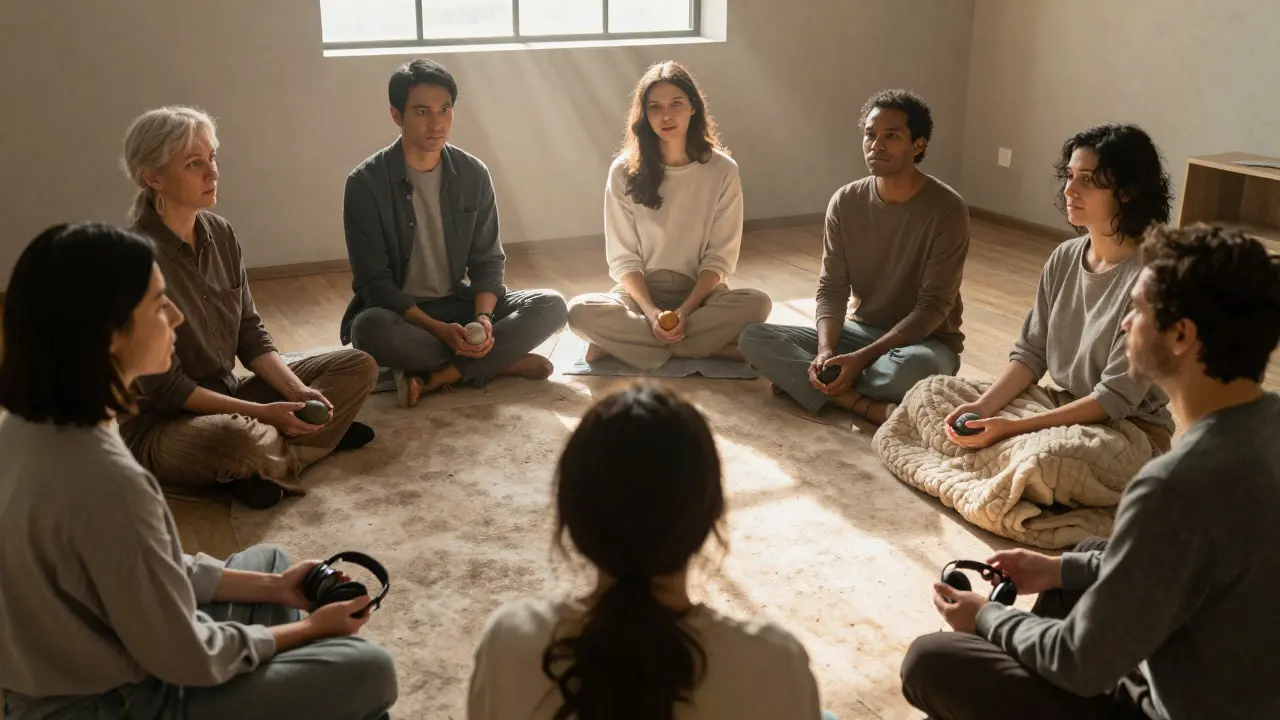 Skupina lidí s ASD spolu sdílí klidný moment s senzorickými pomůckami.