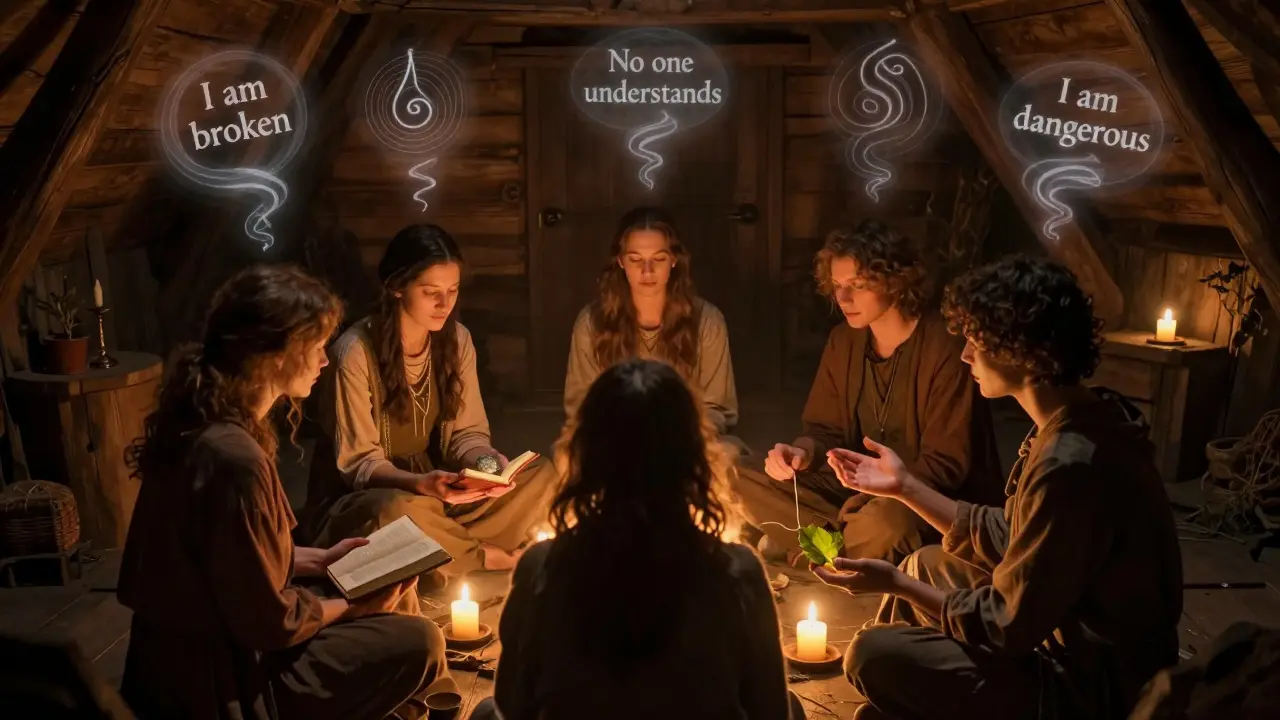 Skupina lidí v kruhu v chatě, drží symbolické předměty, nad nimi se mění negativní myšlenky v klidné rytmy.