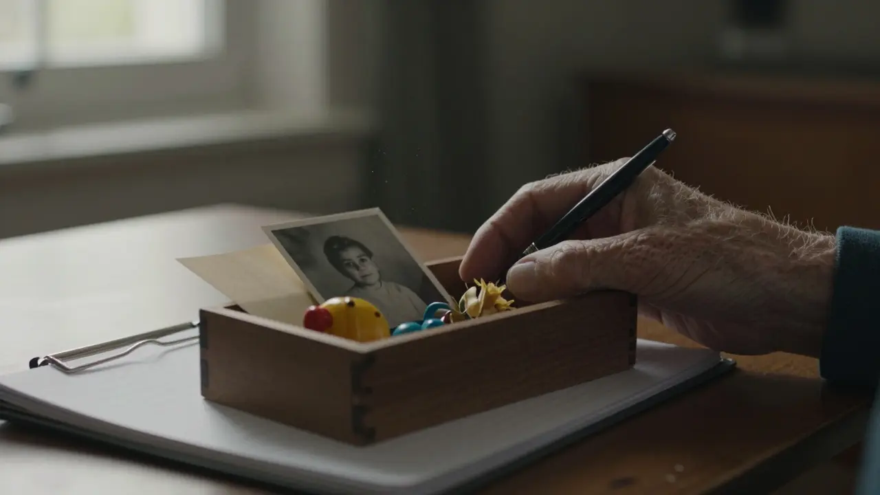 Stará ruka klade dřevěnou krabičku s předměty z minulosti na stůl, měsíční světlo osvětluje prach v ovzduší.