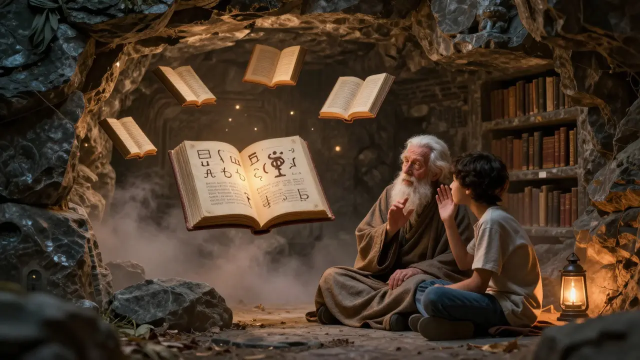 Starý a mladý sedí u plujících knih, které ukazují síly charakteru, v klidné kulturologické knihovně.