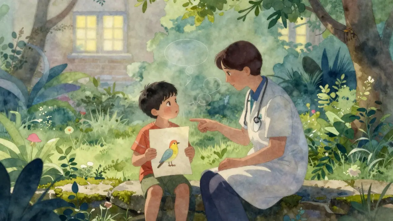 Terapeut a dítě sedí v zahradě, dítě drží kresbu ptáka, který mluví — symbol naděje na komunikaci.