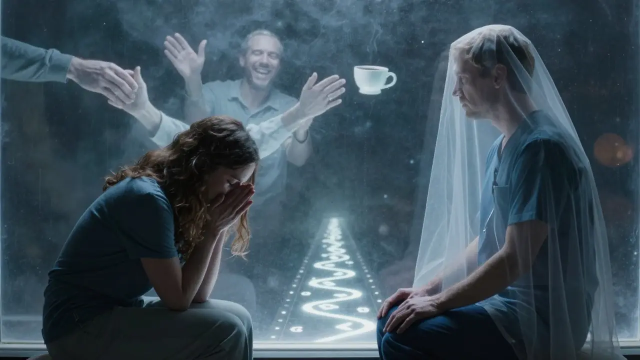 Terapeut a klient jsou odděleni průhlednou zářivou bariérou, zatímco symboly přátelství mizí v mlze.