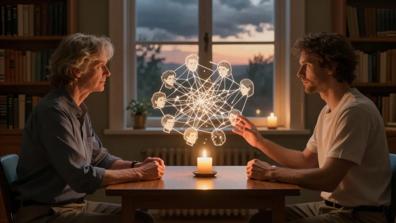 Terapeut a klient sedí u stolu, mezi nimi se objevuje svítící mapa vztahů, ve výhledu se rozsvěcuje ráno.