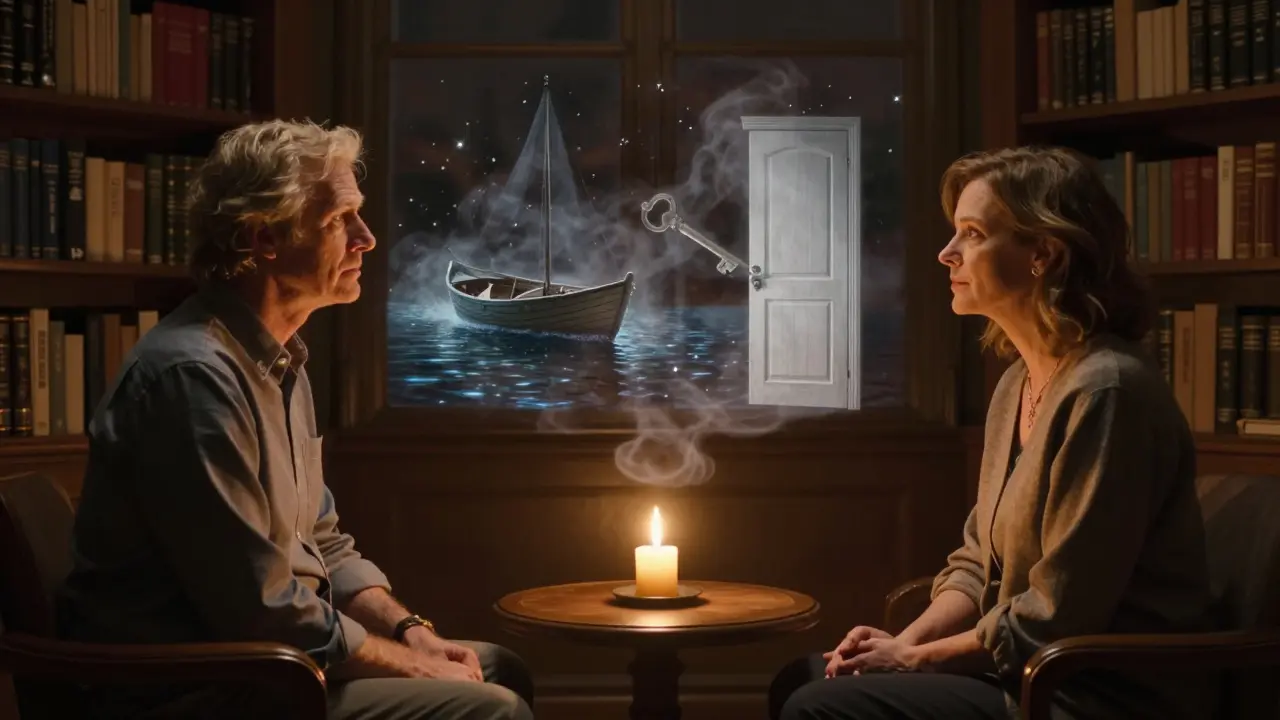 Terapeut a klient sedí v knižním pokoji, mezi nimi plavou metaforické obrazy jako loď a klíč z mlhy.