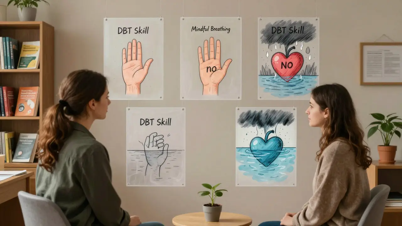 Terapeut a klient v klidné klinice, kolem nich se objevují vizuální reprezentace dovedností DBT.
